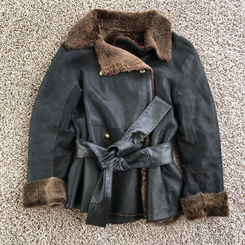 Sonia Rykiel Lamb Skin Leather Shearling Fur Belted Coat Jacket Size 40 Black